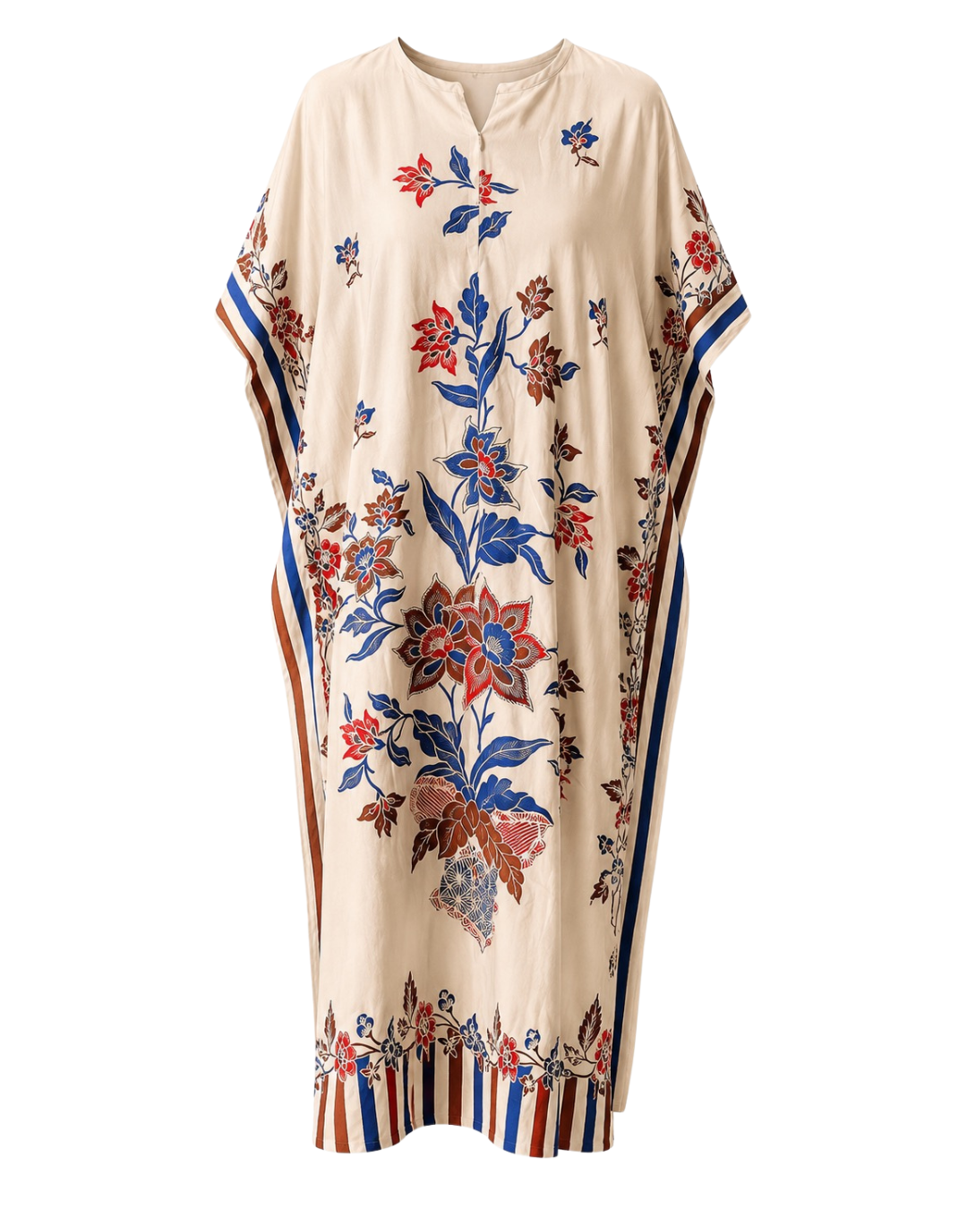 A cream-colored kaftan dress featuring a vibrant blue and red floral print, striped side panels, and a matching patterned hem, shown against a plain white background.