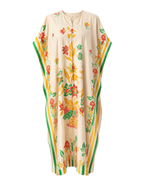 A cream-colored kaftan dress featuring a vibrant floral print in red, yellow, and green, with striped borders on the sleeves and sides, shown against a plain white background.