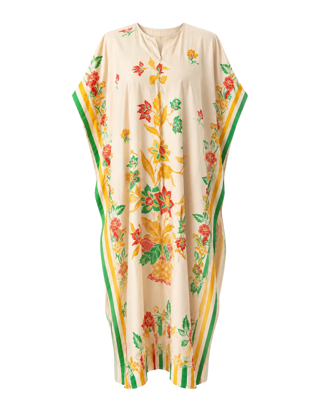 A cream-colored kaftan dress featuring a vibrant floral print in red, yellow, and green, with striped borders on the sleeves and sides, shown against a plain white background.