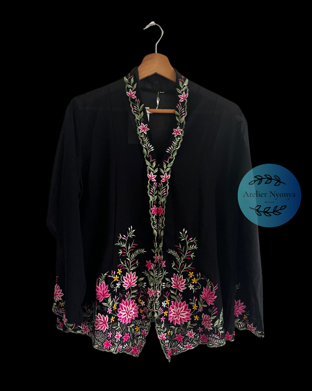 Black kebaya kerancang with floral embroidery 