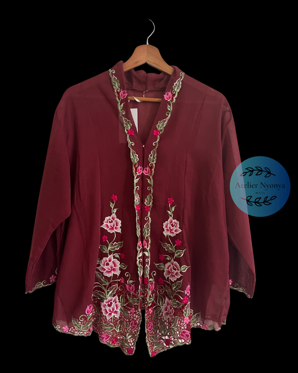 Maroon kebaya kerancang with floral embroidery 