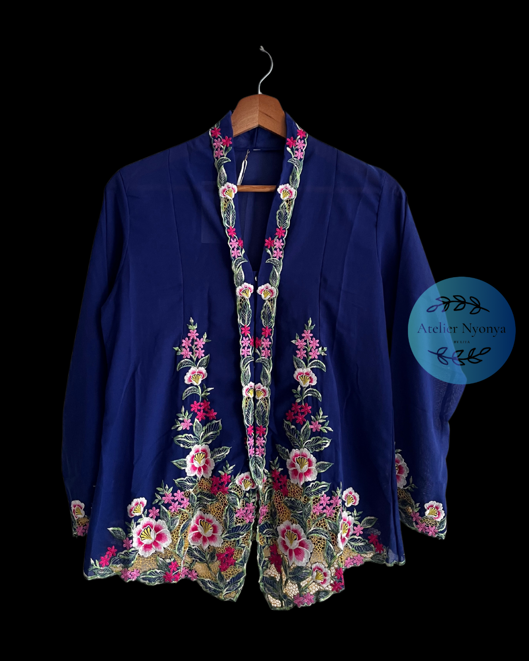 Navy blue embroidered kebaya kerancang