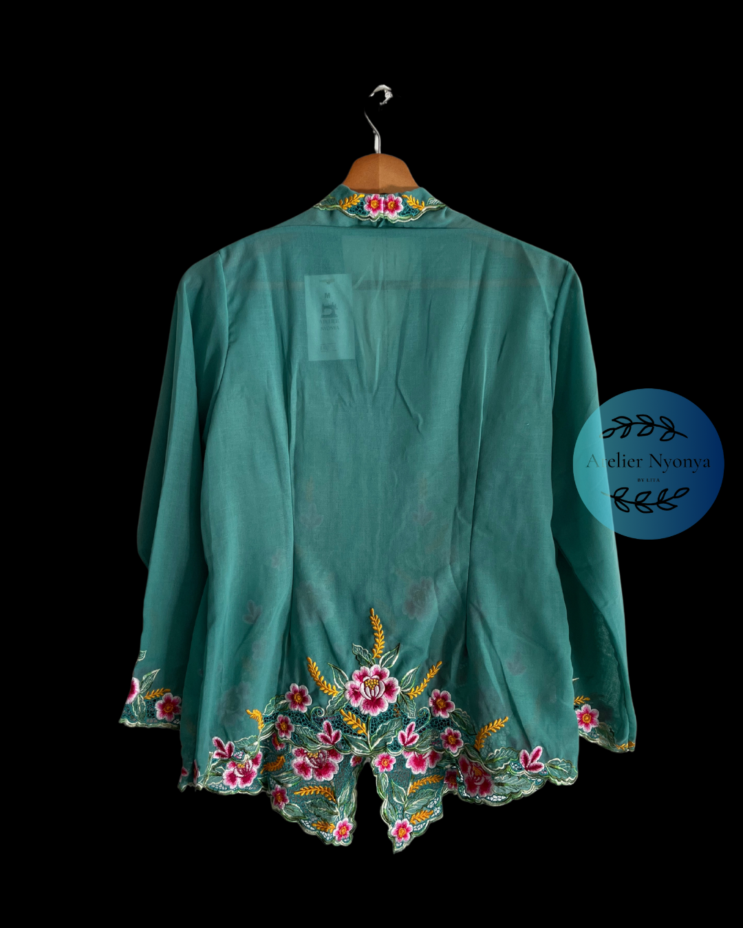 Teal kebaya kerancang with floral embroidery 