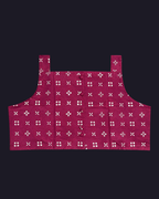 Red apron with white floral pattern on a black background