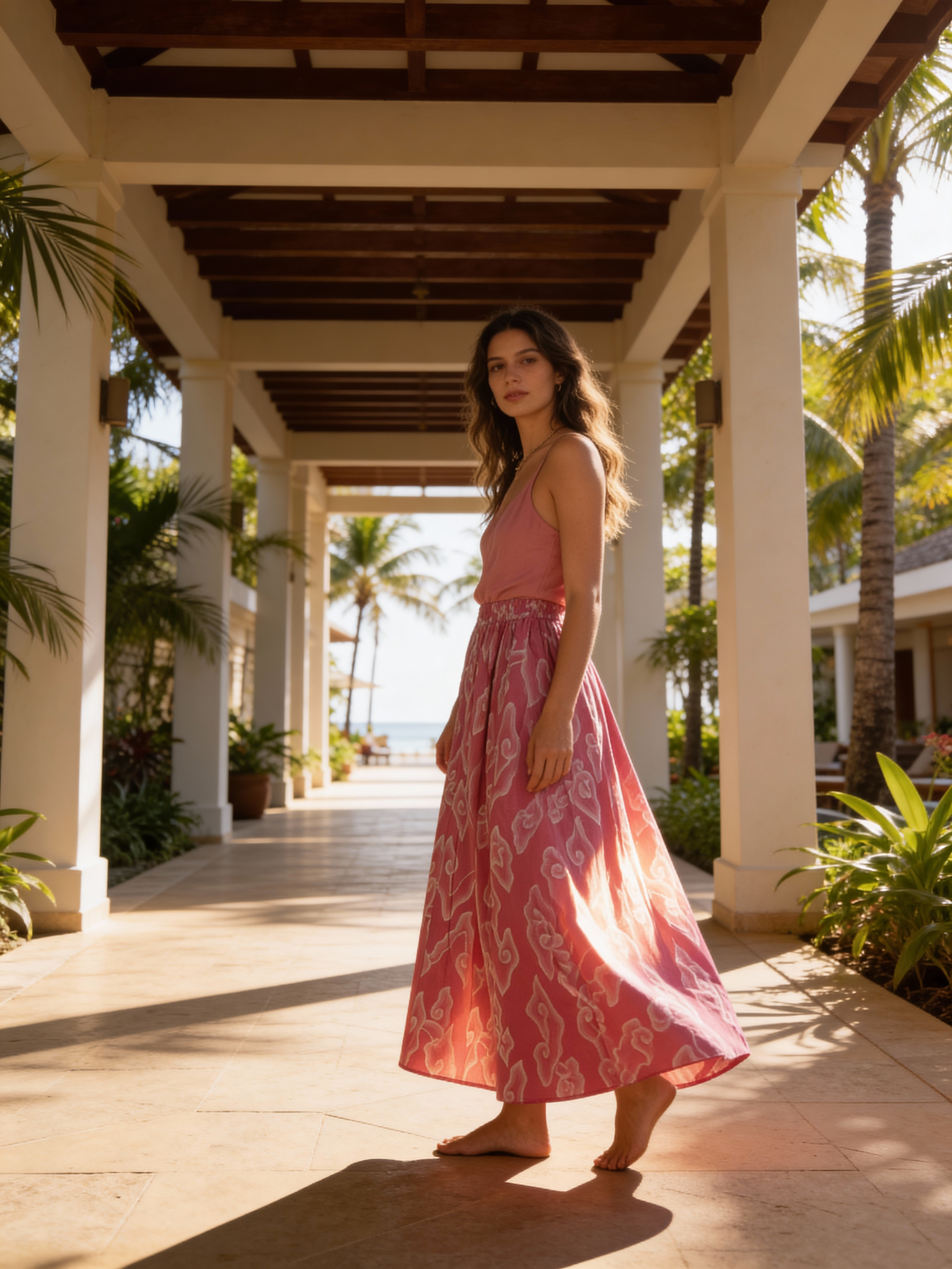 an a-line skirt of pink batik megamendung in a model