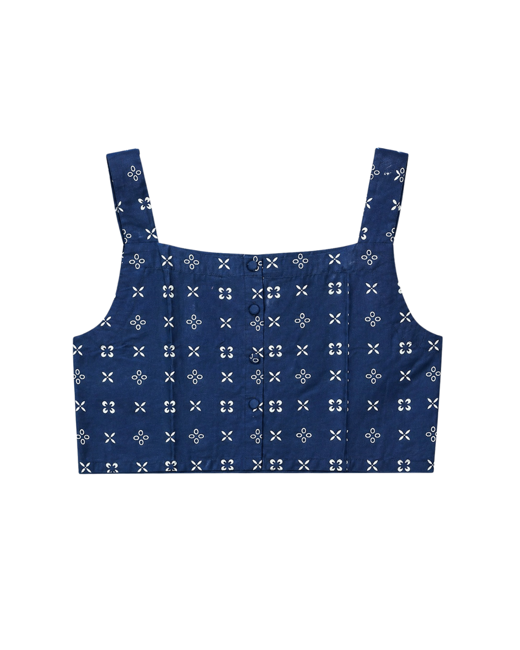 Navy blue tank top with white floral pattern on a white background