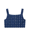 Navy blue tank top with white floral pattern on a white background