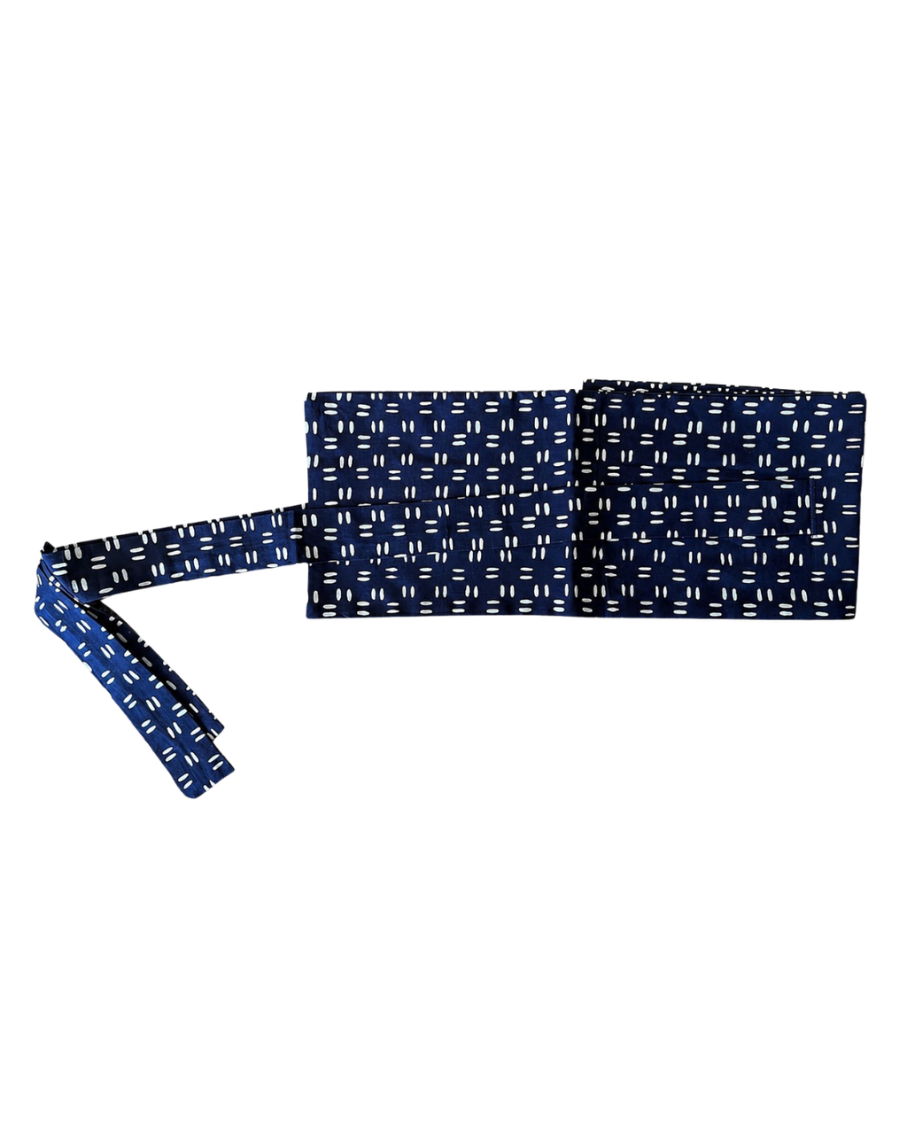 A navy blue fabric belt with a white geometric pattern, shown folded with one end extending to the left on a plain white background.