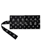 A black bandana-style scarf with a white repeating geometric pattern, shown laid flat with one corner folded over on a plain white background.