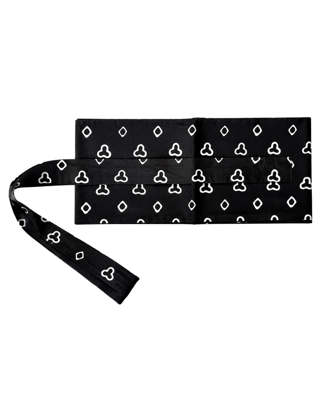 A black bandana-style scarf with a white repeating geometric pattern, shown laid flat with one corner folded over on a plain white background.