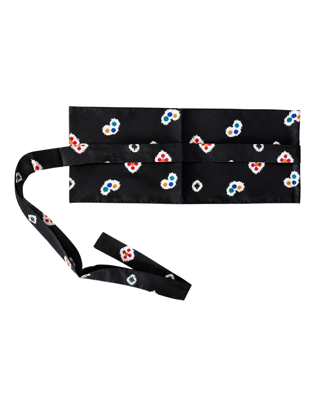 A black waist belt with a repeating pattern of small white, blue, and red floral motifs, laid flat on a white background with its strap extending to the left.