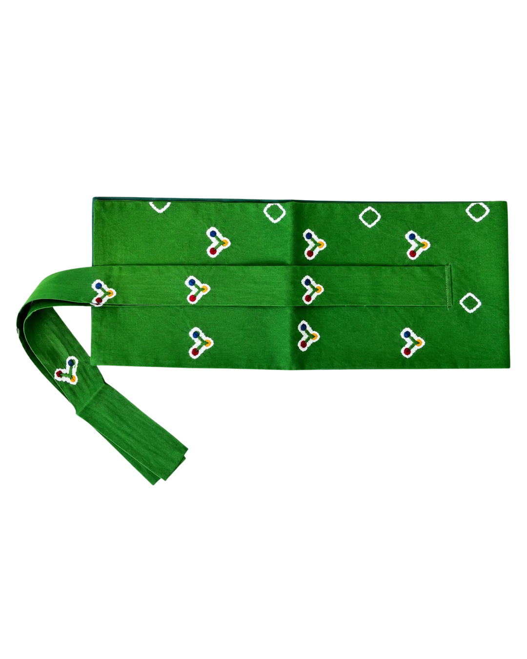 A green waist sash with a repeating pattern of small white, yellow, and red geometric motifs, laid flat on a white background.