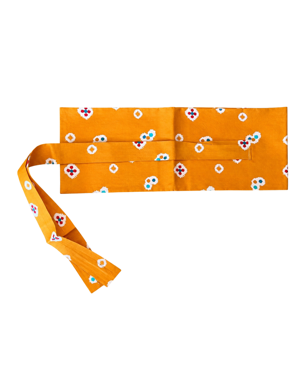 An orange fabric belt with a small geometric pattern in white, blue, and purple, laid flat on a white background.