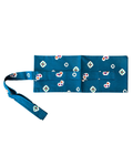 A teal blue fabric accessory, likely a small pouch or organizer with a matching strap, featuring a repeating white, red, and green floral pattern, shown on a plain white background.