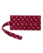 A burgundy bandana-style pouch with a matching wrist strap, decorated with a white geometric and floral pattern, shown on a plain white background.