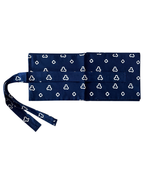 A navy blue fabric pouch or organizer with a white repeating pattern of small geometric and heart-like motifs, shown flat against a plain white background.