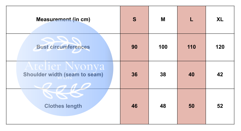 Measurement chart for clothes with size labels S, M, L, XL, and measurements for bust circumference, shoulder width, and clothes length.