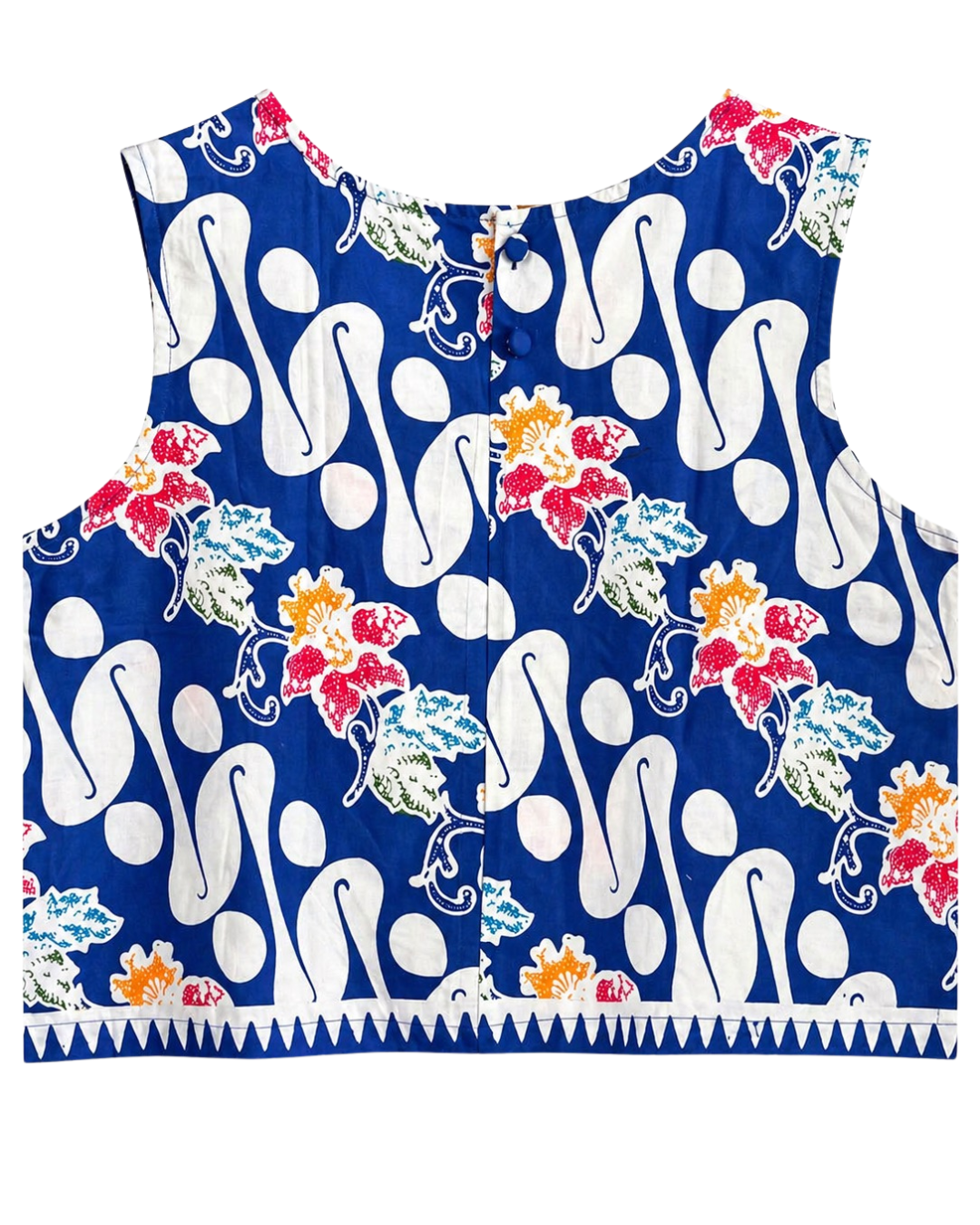 Blue sleeveless top with colorful floral and abstract patterns on a white background