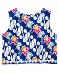 Blue tank top with white floral patterns on a white background