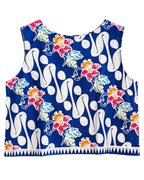 Blue tank top with white floral patterns on a white background