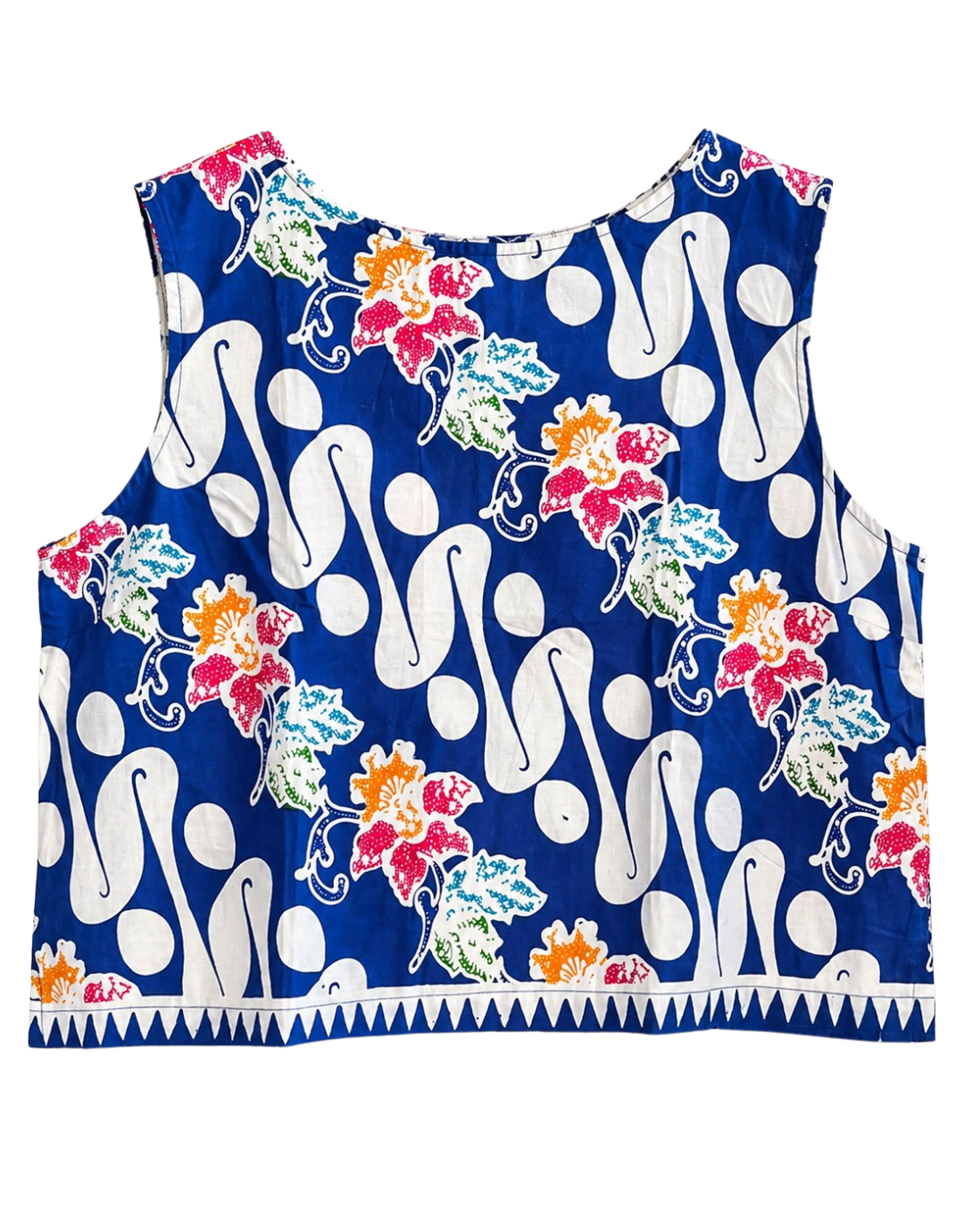 Blue tank top with white floral patterns on a white background