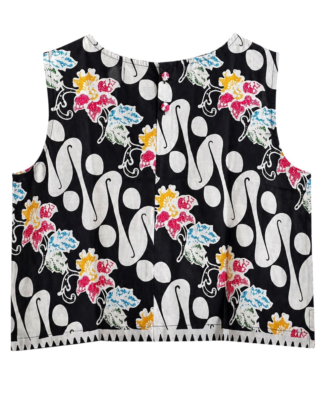 Black sleeveless top with white abstract patterns and colorful floral designs on a white background