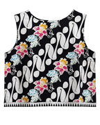 Black tank top with colorful floral and abstract pattern on a white background