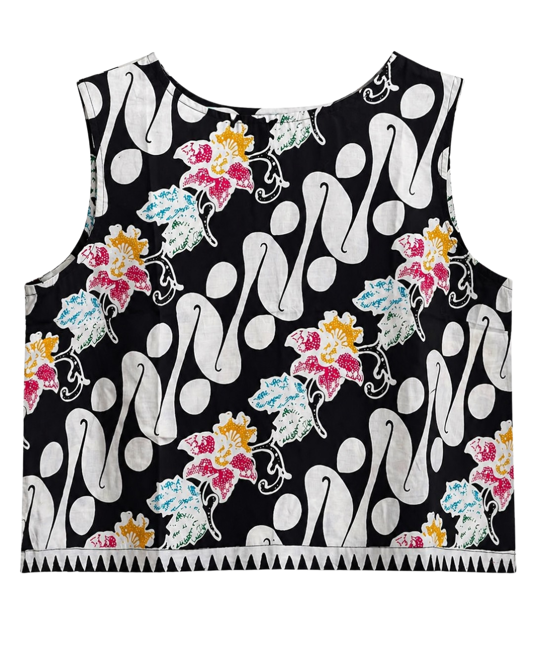 Black tank top with colorful floral and abstract pattern on a white background