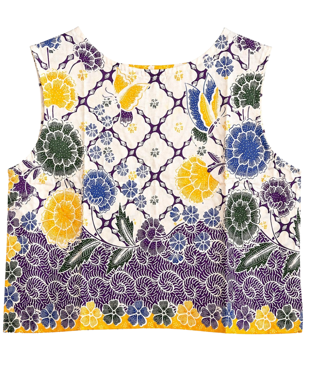 Colorful floral patterned sleeveless top on a white background