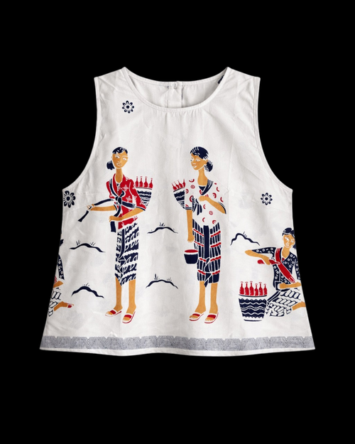 White sleeveless top with mbok jamu motif in batik cap solo