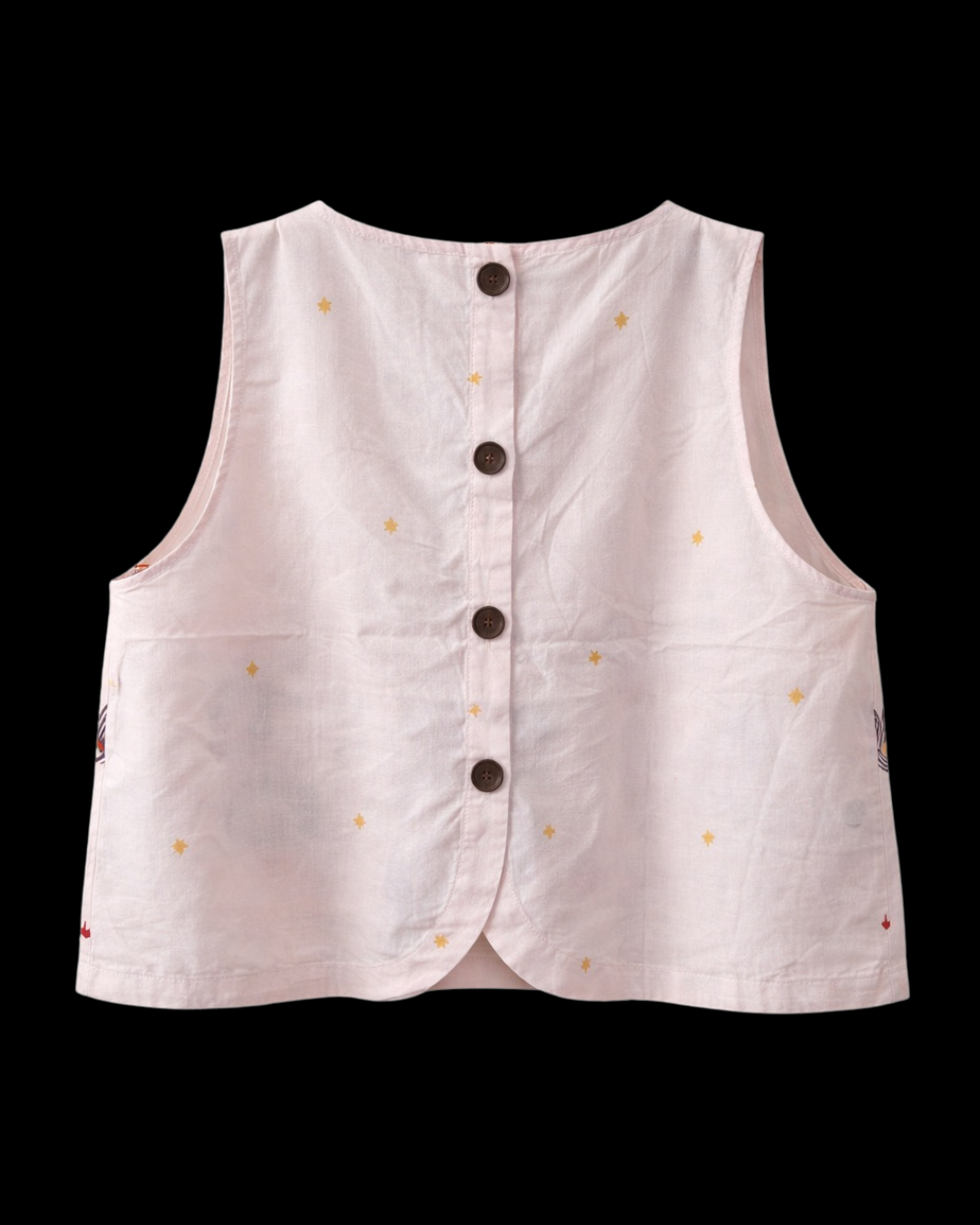 White vest with brown buttons on a black background