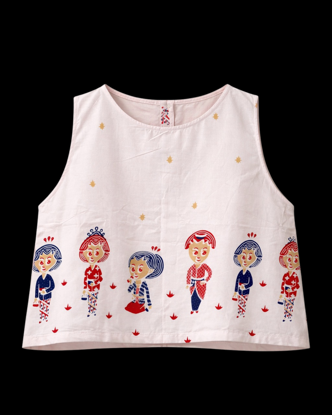 White sleeveless top with mbok jamu character in batik cap solo