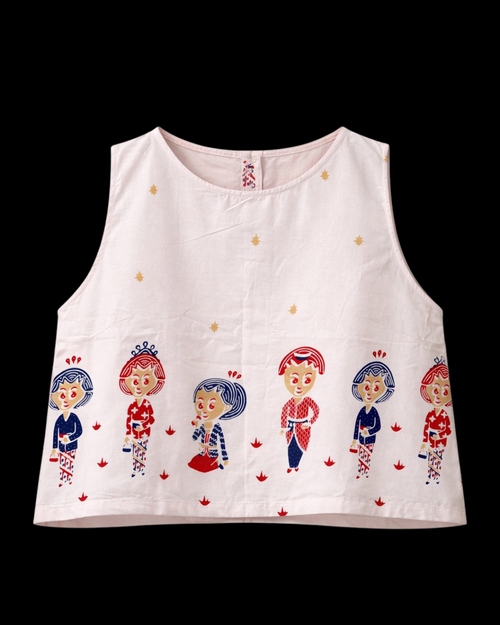 White sleeveless top with mbok jamu character in batik cap solo